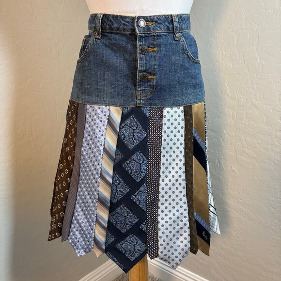Handmade Dresses & Skirts - Vintage Handmade Upcycled Neck Tie Denim Jeans Skirt Boho Maximalist 12